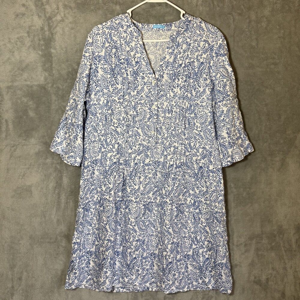 J.McLaughlin Blue White Paisley Linen Dress XL Roll Tab Sleeves Cottagecore